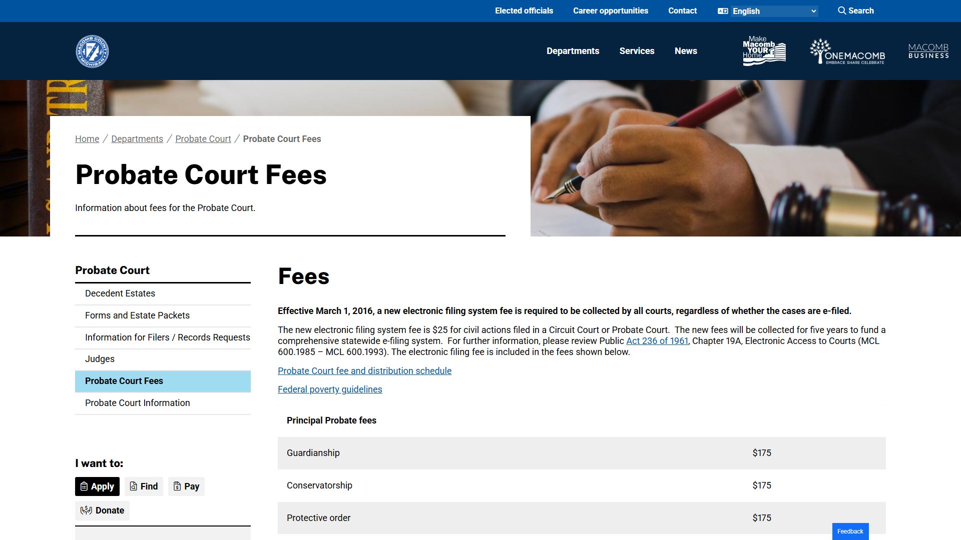 Macomb County probate court records fee schedule