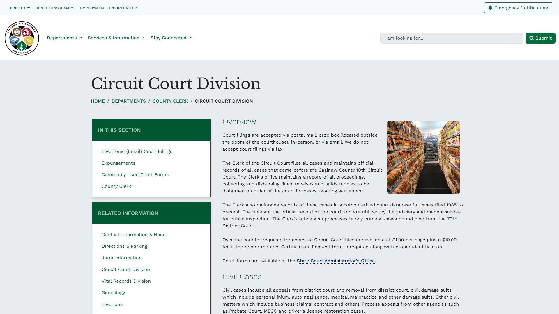 Saginaw County court records search page for probate court records