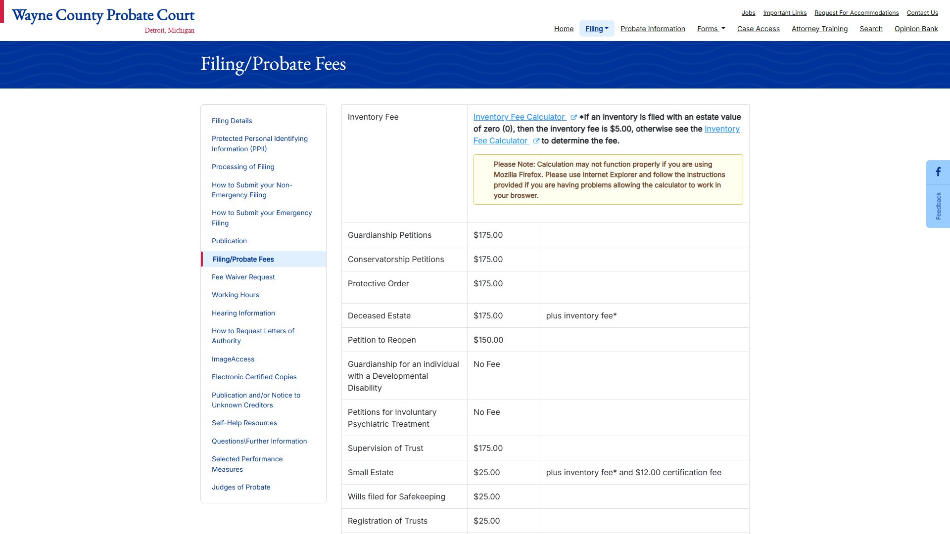 Wayne County Probate Court fee schedule for probate court records