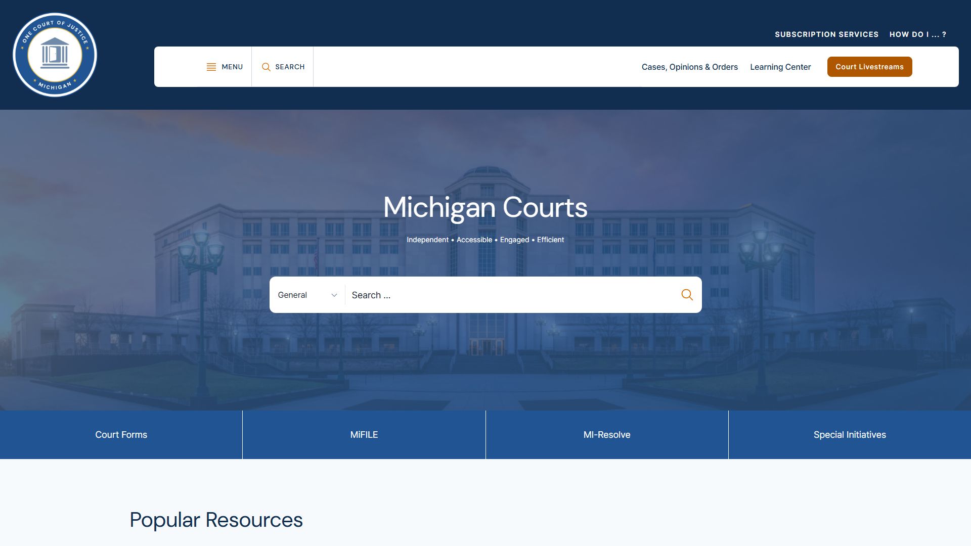 Michigan Courts homepage for probate court records search