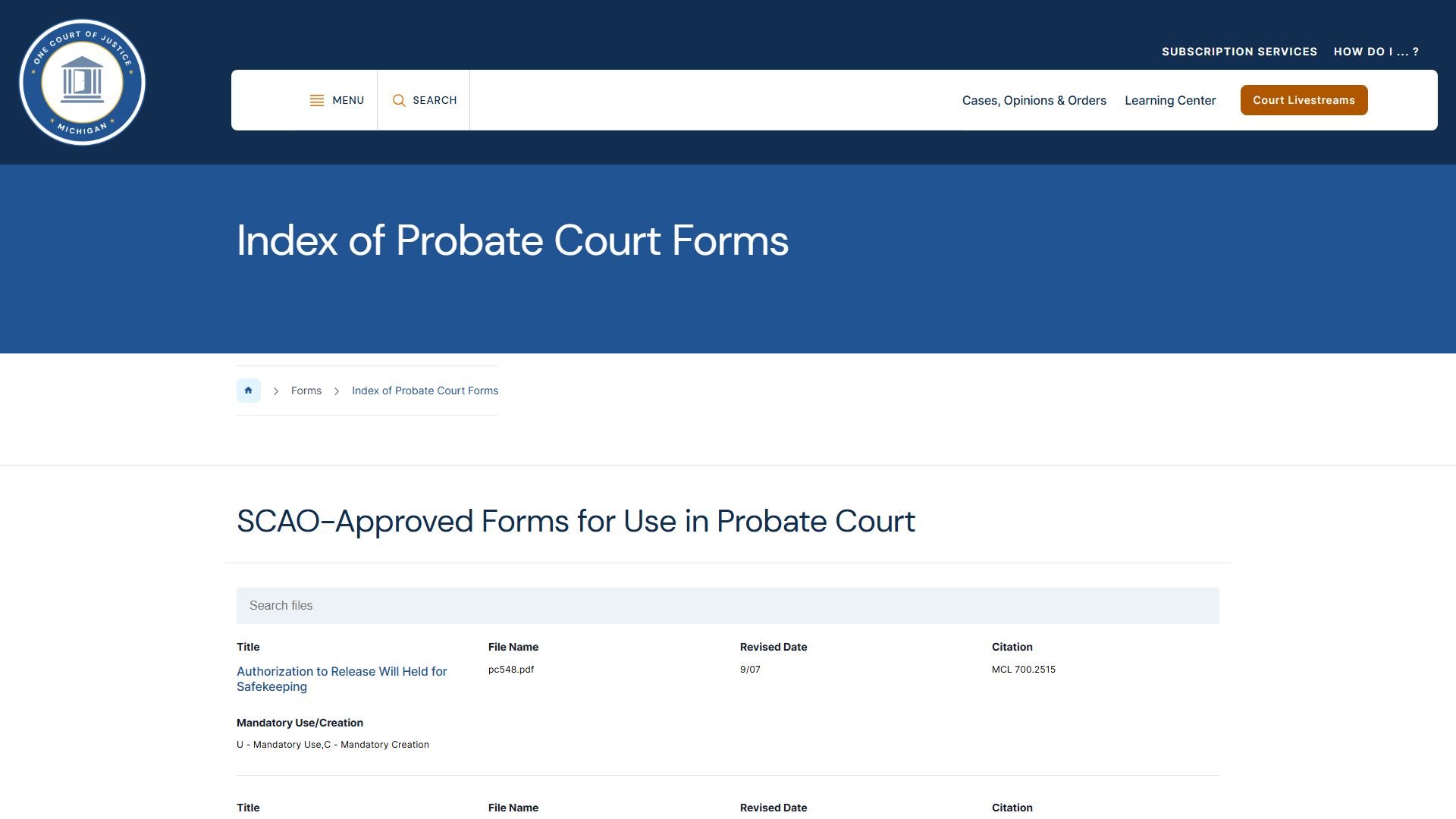 SCAO probate court forms for Michigan probate court records
